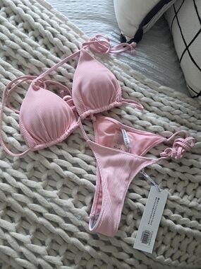 White Fox Boutique Pastel Pink Ribbed Triangle Bikini Set